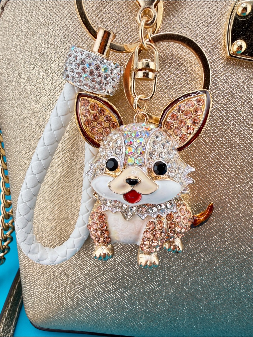 🐶 White & Gold CORGI PUPPY DOG Crystal Rhinestone Bag Charm /Keychain + Key Ring